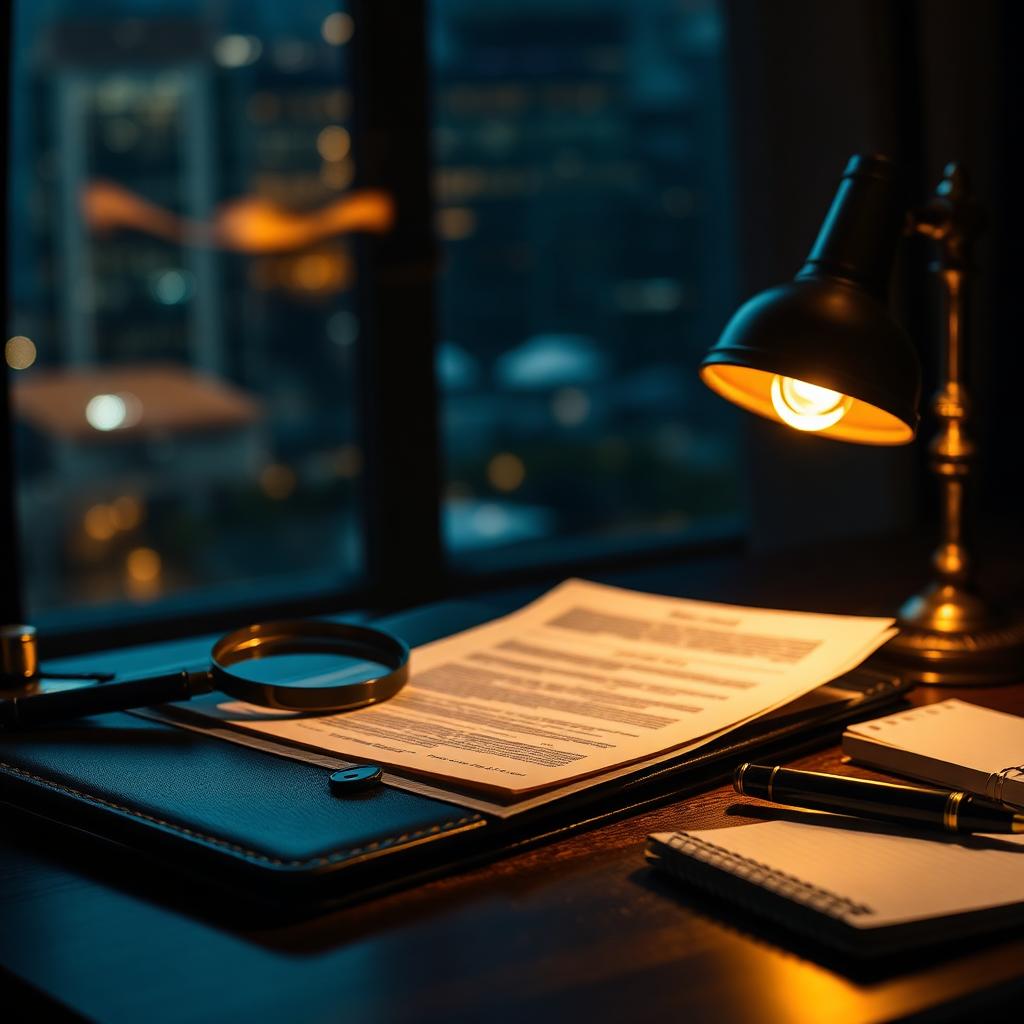 Mesa de detetive particular com lupa, documentos e luminária dourada simbolizando a carreira de investigador