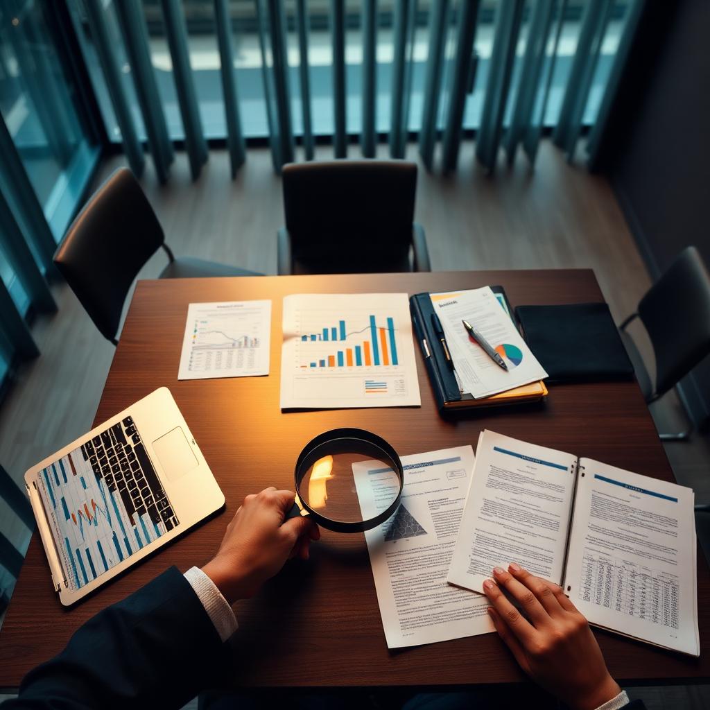 Sala de reunião corporativa com relatórios financeiros, laptop e lupa sobre documentos representando a investigação empresarial